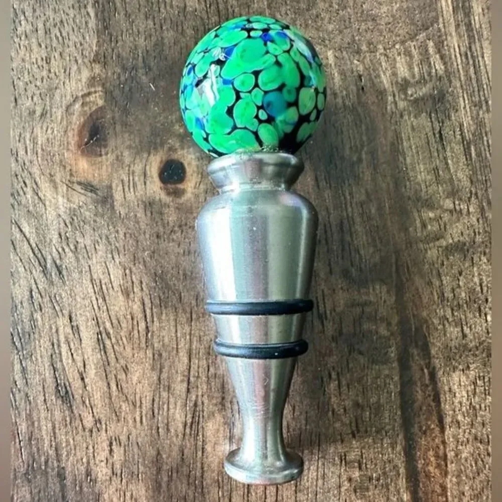 NIB - Silver Wine Bottle Stopper with Green ceramic ball